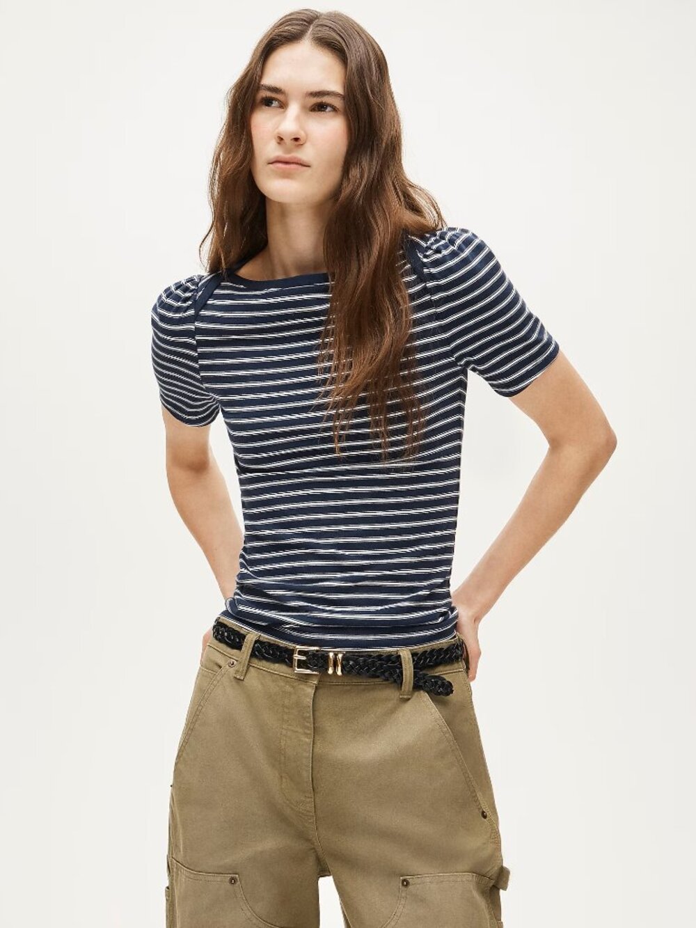 NWT J.CREW Vintage jersey puff-sleeve T-shirt in stripe, Small-Medium, Navy